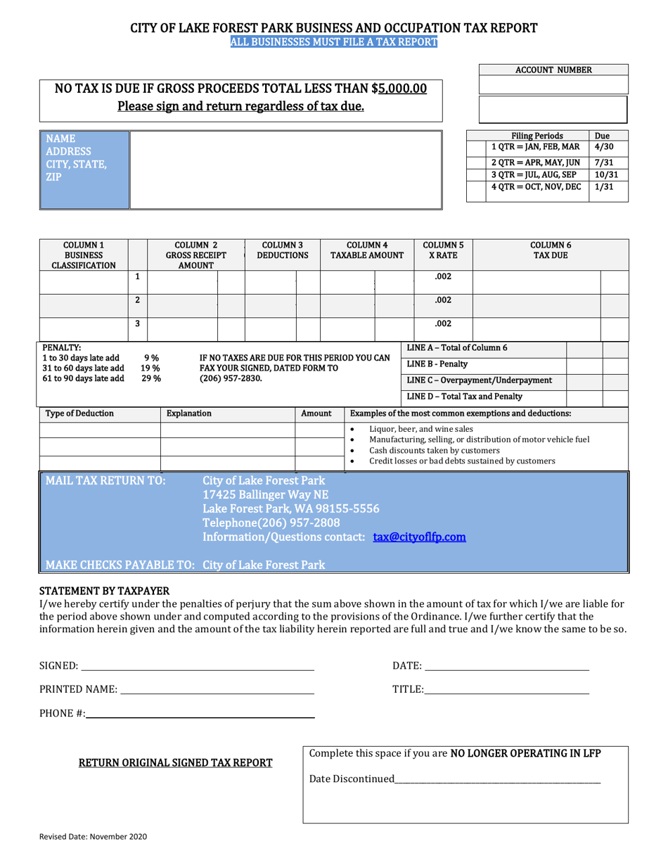 Business and Occupation Tax Report - City of Lake Forest Park, Washington, Page 1