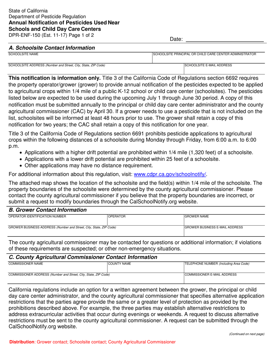 Form DPR-ENF-150 Annual Notification of Pesticides Used Near Schools and Child Day Care Centers - California, Page 1