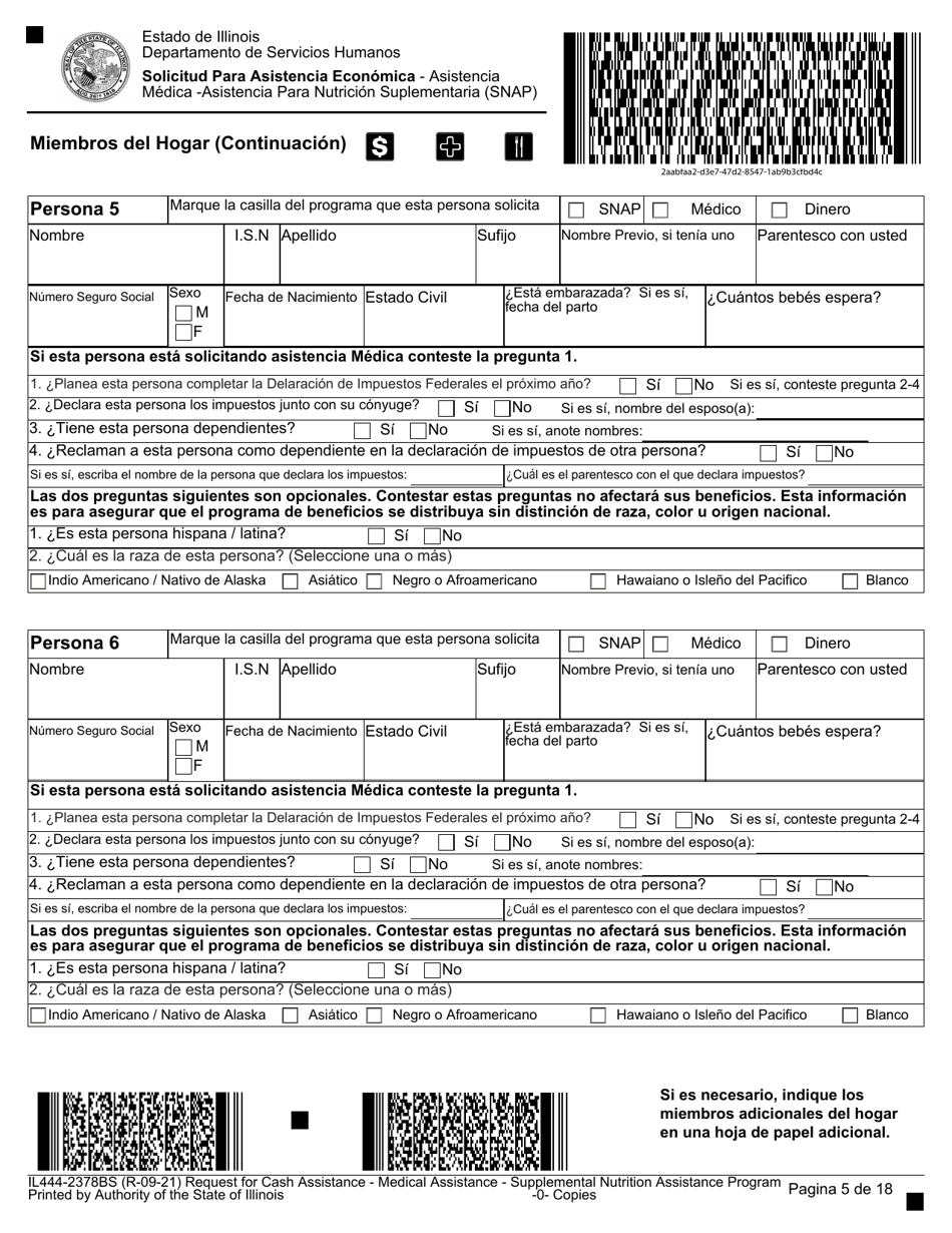Formulario IL444-2378BS Solicitud Para Asistencia Economica - Asistencia Medica - Asistencia Para Nutricion Suplementaria (Snap) - Illinois (Spanish), Page 5