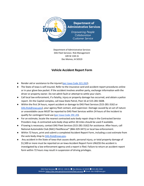 Vehicle Accident Report Form - Iowa Download Pdf