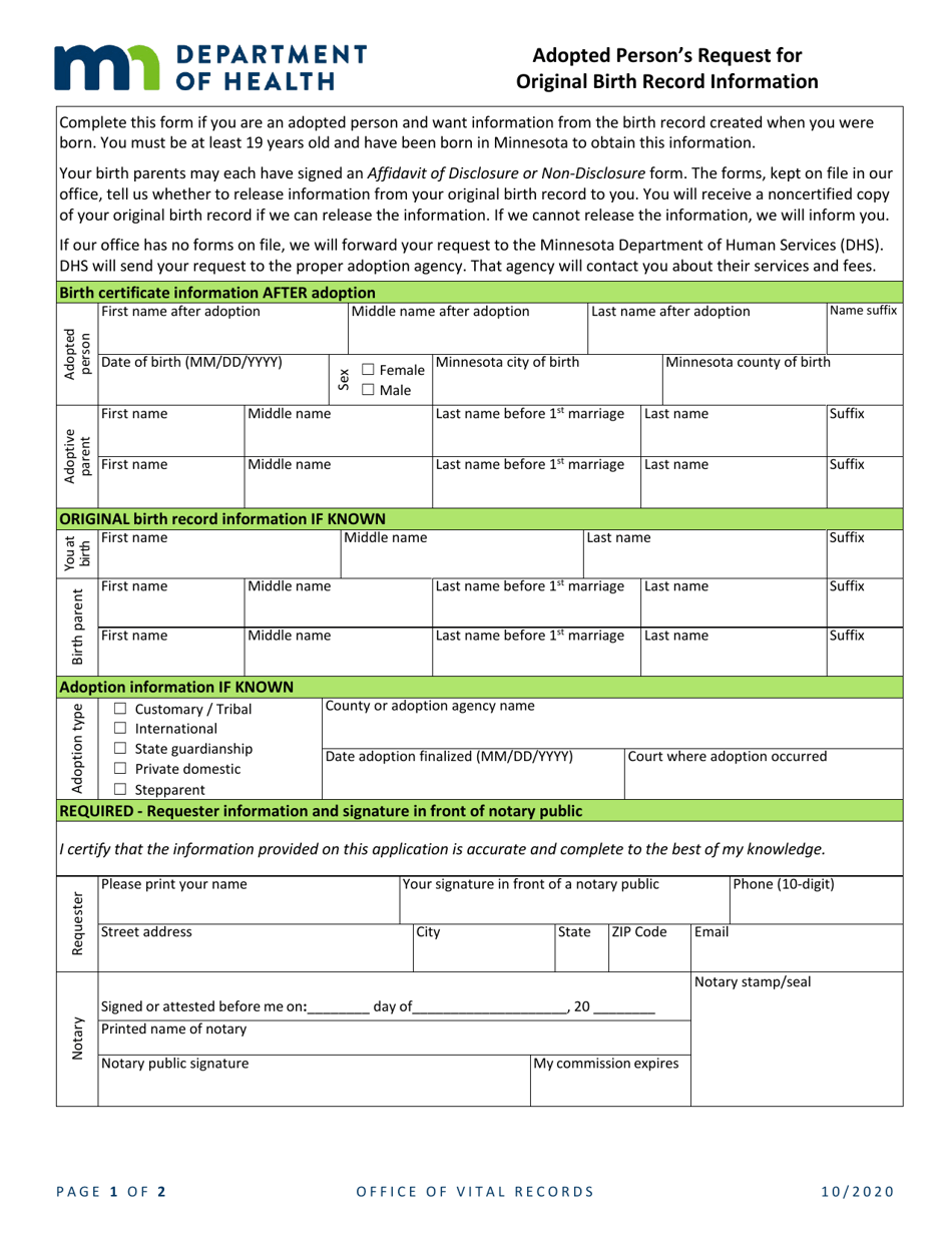 Adopted Persons Request for Original Birth Record Information - Minnesota, Page 1