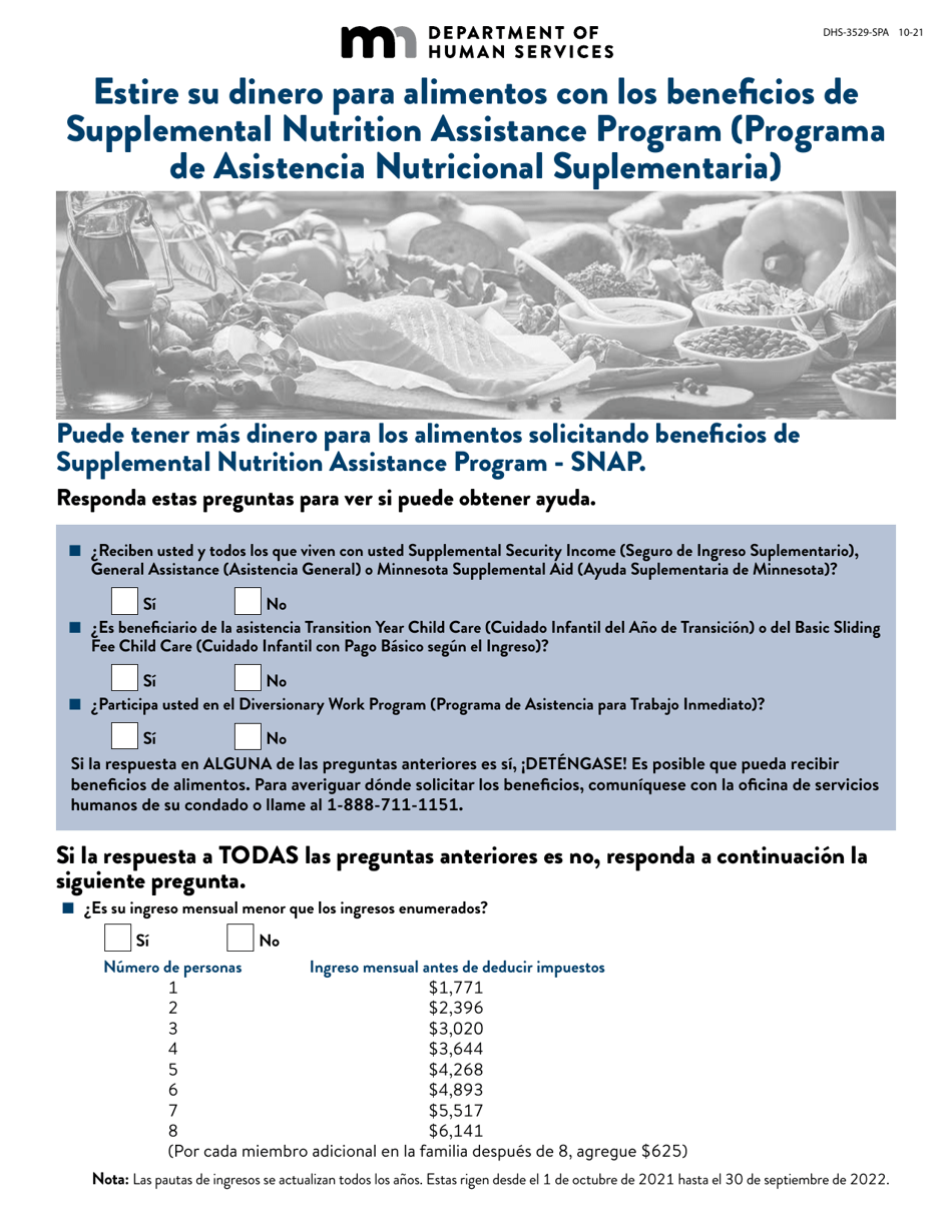 Formulario DHS-3529-SPA Estire Su Dinero Para Alimentos Con Los Beneficios De Programa De Asistencia Nutricional Suplementaria (Snap) - Minnesota (Spanish), Page 1
