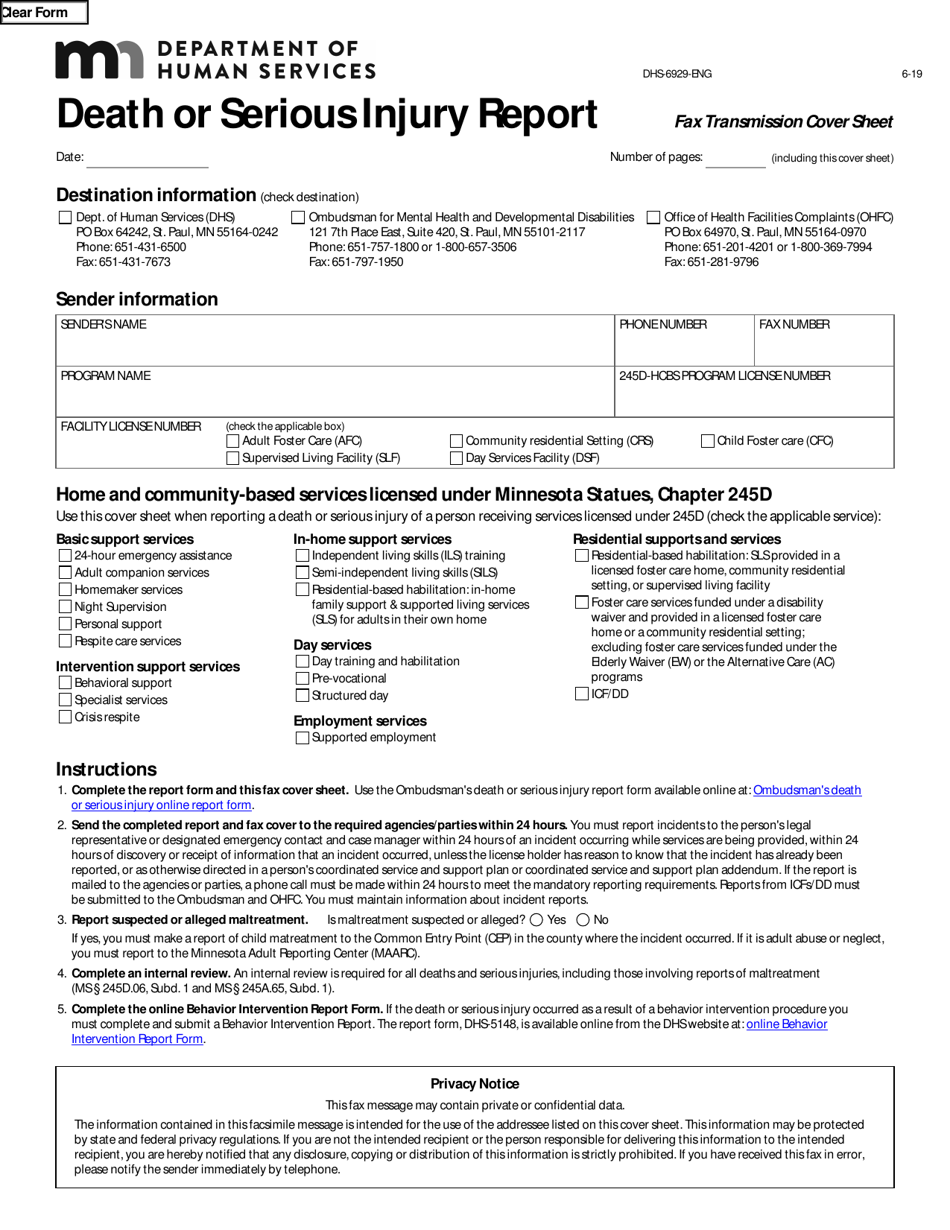 Form DHS-6929-ENG Death or Serious Injury Report - Minnesota, Page 1