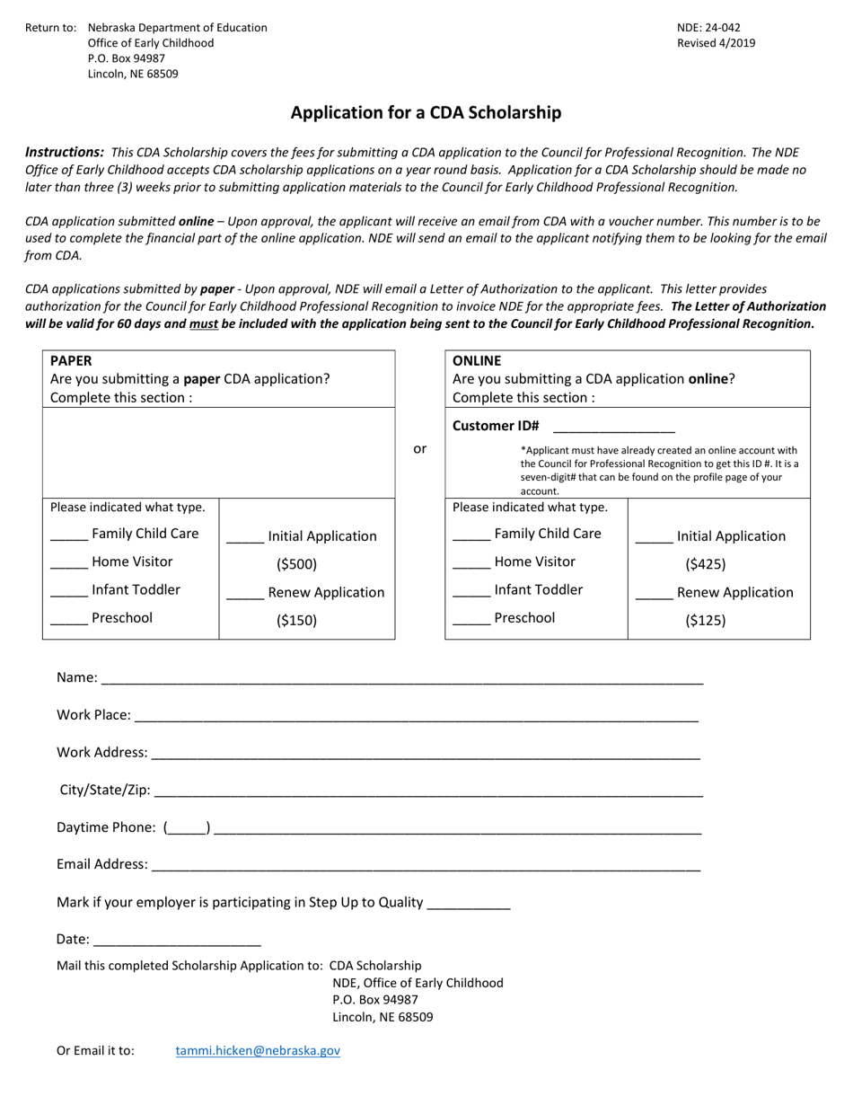Form NDE24-042 Application for a Cda Scholarship - Nebraska, Page 1