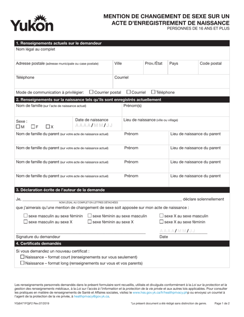 Forme YG6471FQ Mention De Changement De Sexe Sur Un Acte D'enregistrement De Naissance - Personnes De 16 Ans Et Plus - Yukon, Canada (French)