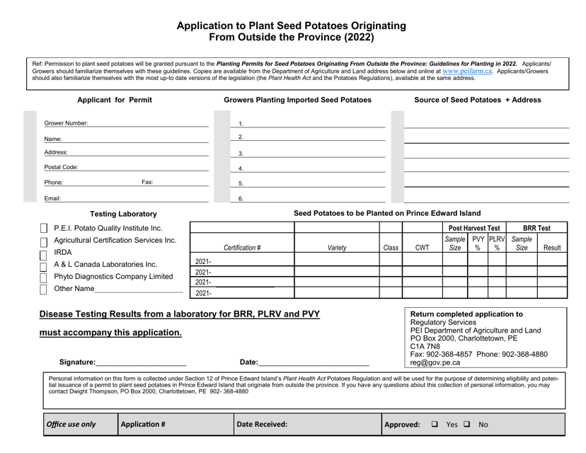 Application to Plant Seed Potatoes Originating From Outside the Province - Prince Edward Island, Canada Download Pdf