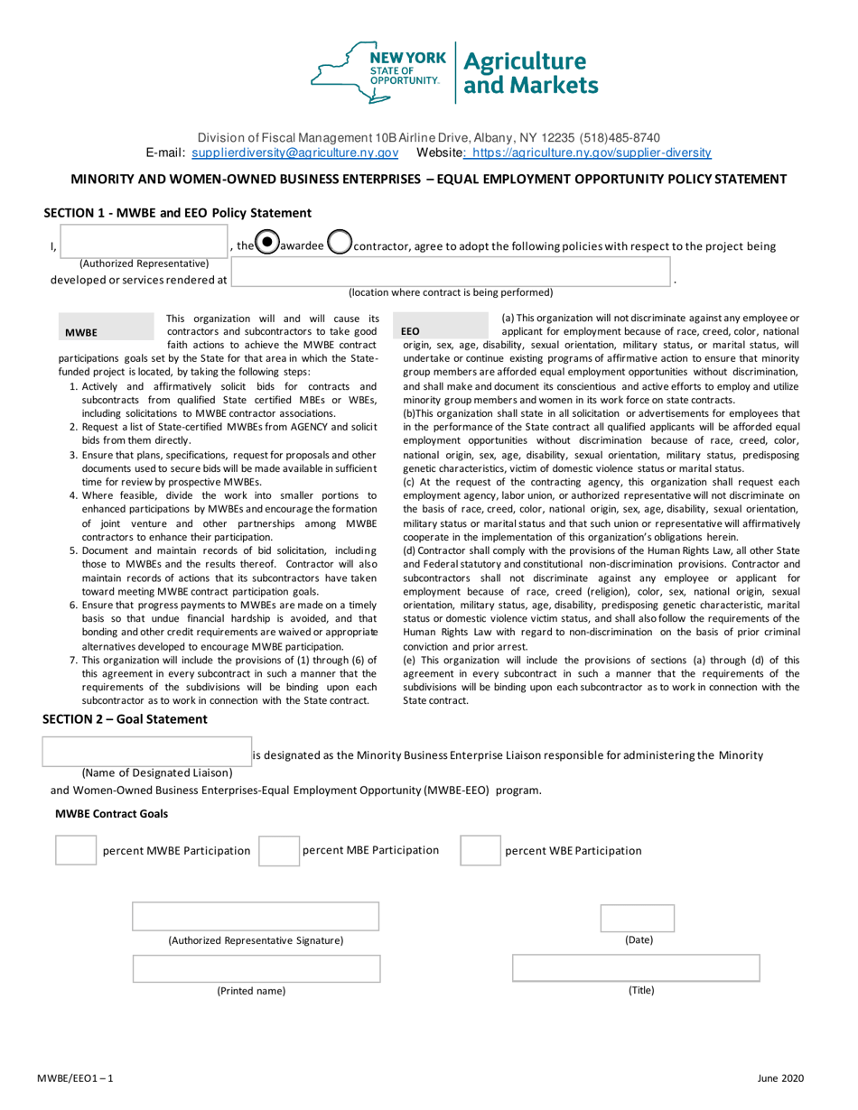 Form MWBE/EEO1 Fill Out, Sign Online and Download Fillable PDF, New