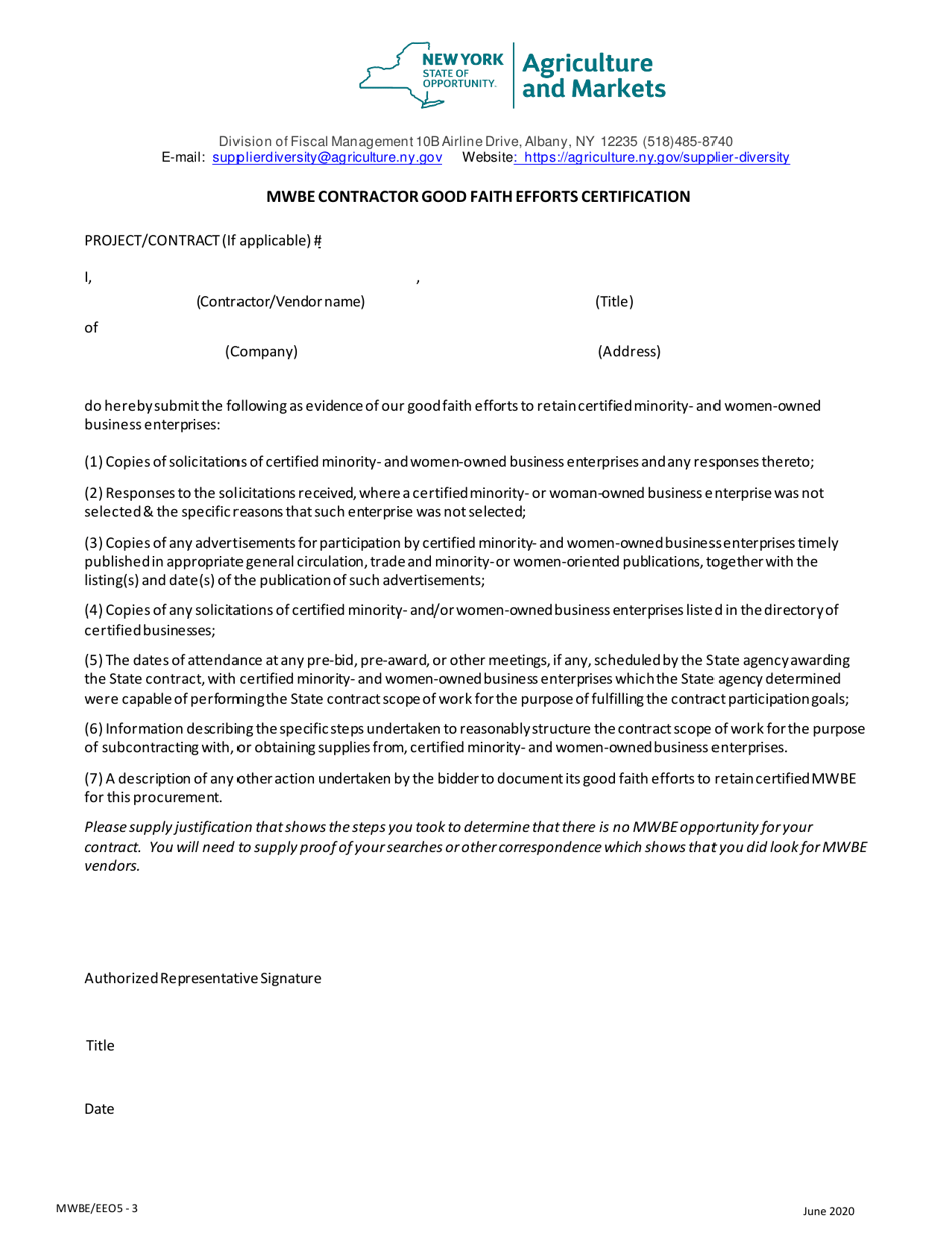Form MWBE / EEO5-3 Mwbe Contractor Good Faith Efforts Certification - New York, Page 1