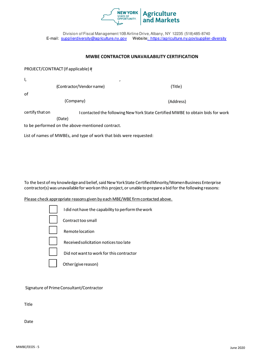Form MWBE / EEO5-4 Mwbe Contractor Unavailability Certification - New York, Page 1