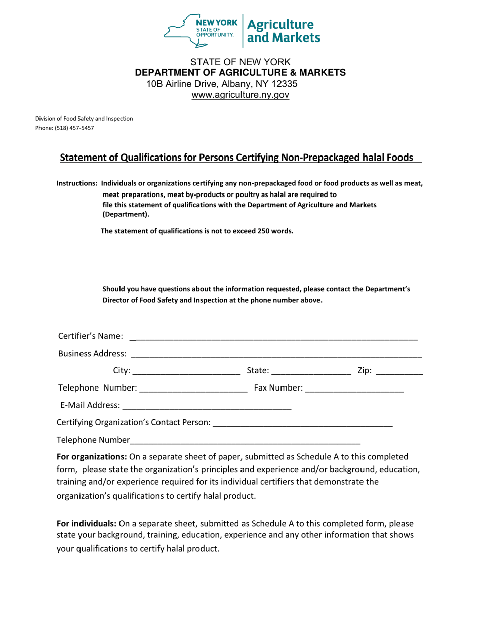 Statement of Qualifications for Persons Certifying Non-prepackaged Halal Foods - New York, Page 1