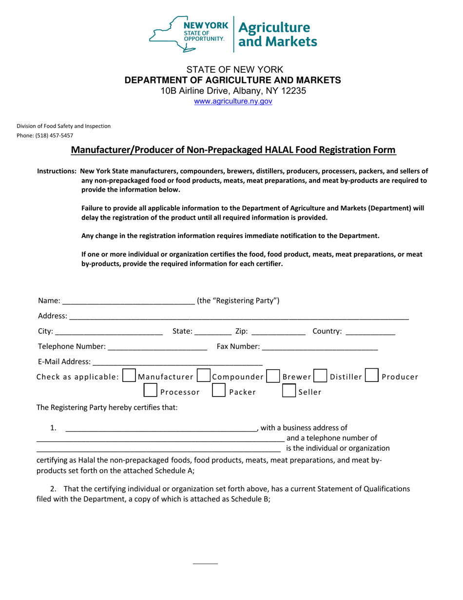 Manufacturer / Producer of Non-prepackaged Halal Food Registration Form - New York, Page 1