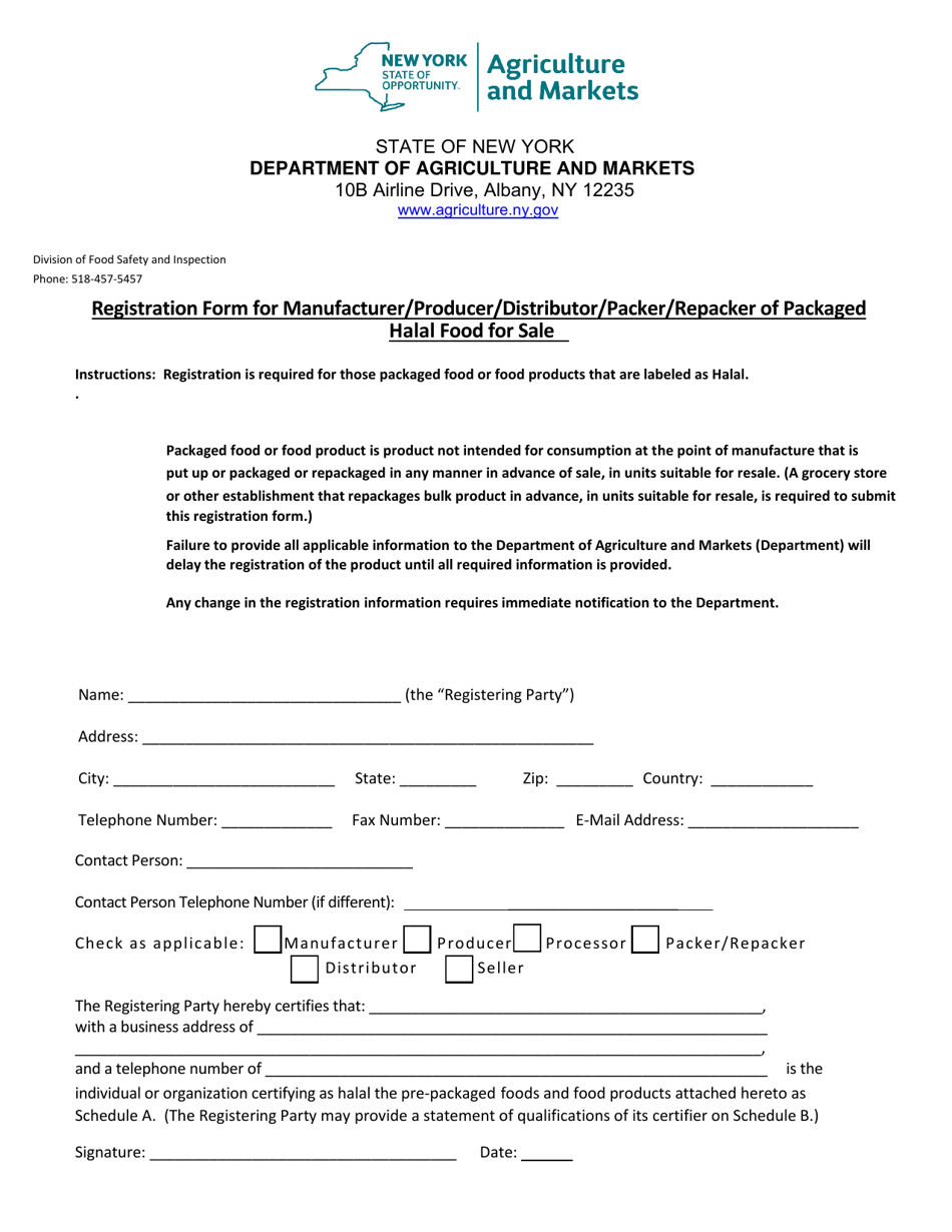Registration Form for Manufacturer / Producer / Distributor / Packer / Repacker of Packaged Halal Food for Sale - New York, Page 1