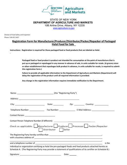 Registration Form for Manufacturer/Producer/Distributor/Packer/Repacker of Packaged Halal Food for Sale - New York