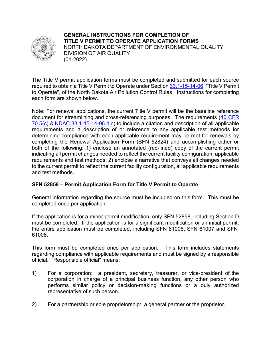 North Dakota General Instructions for Completion of Title V Permit to