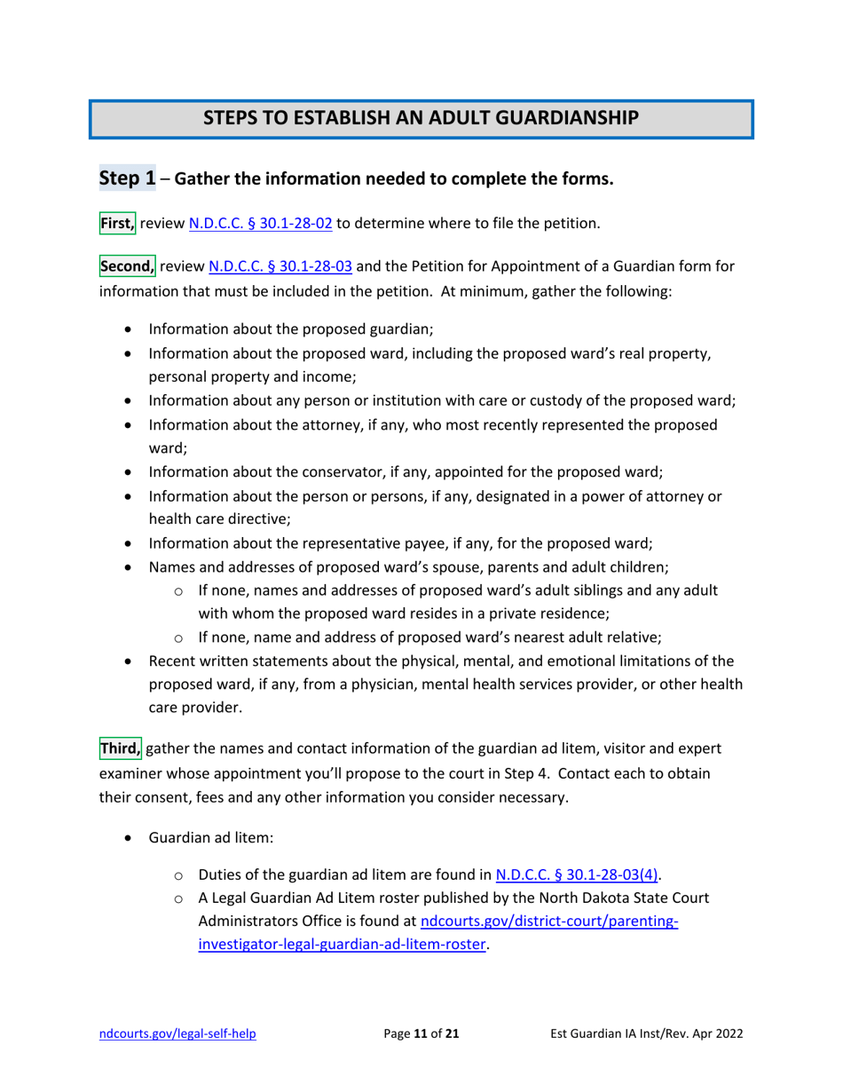 Instructions for Establishing an Adult Guardianship - North Dakota, Page 11