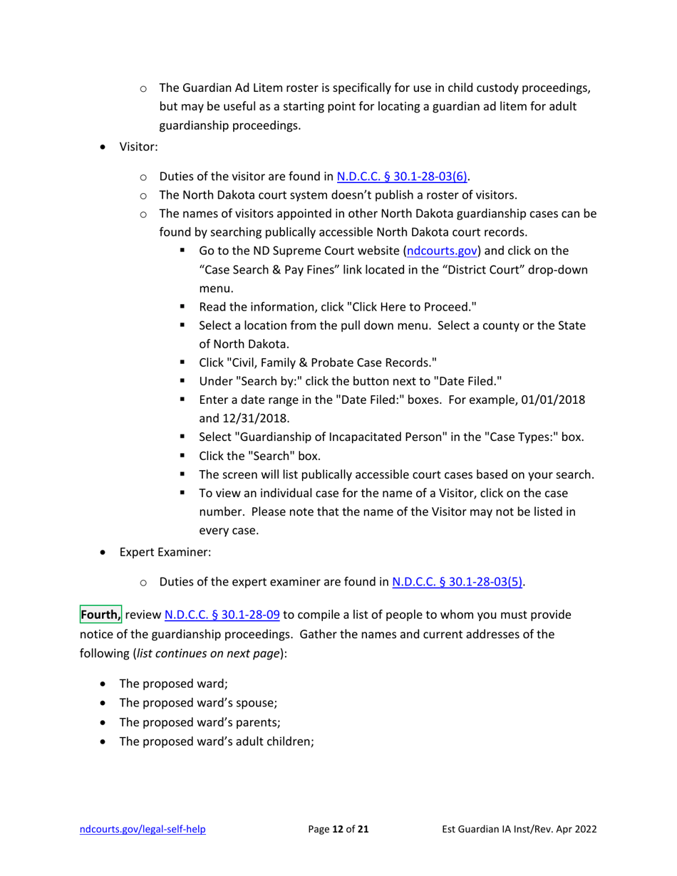 Instructions for Establishing an Adult Guardianship - North Dakota, Page 12