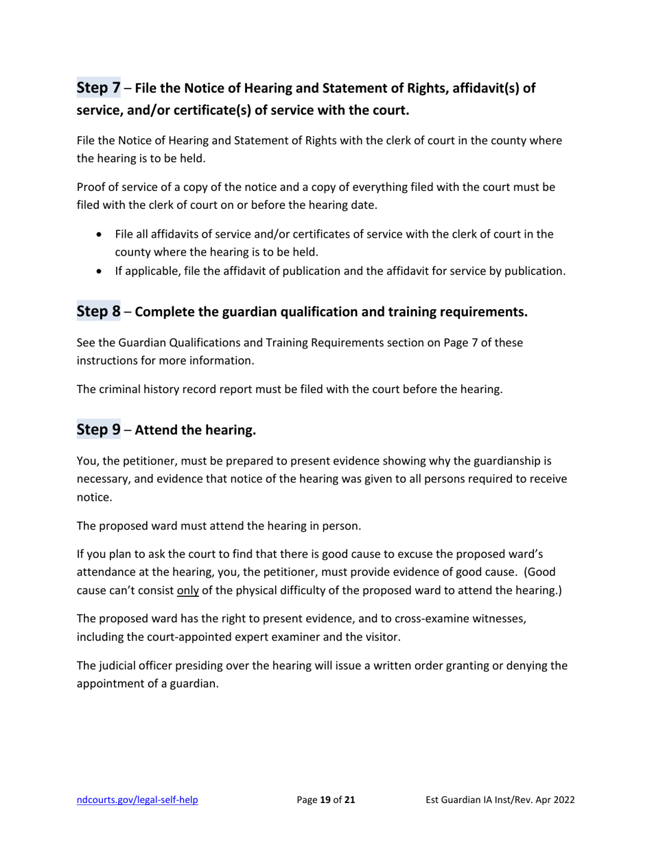 Instructions for Establishing an Adult Guardianship - North Dakota, Page 19