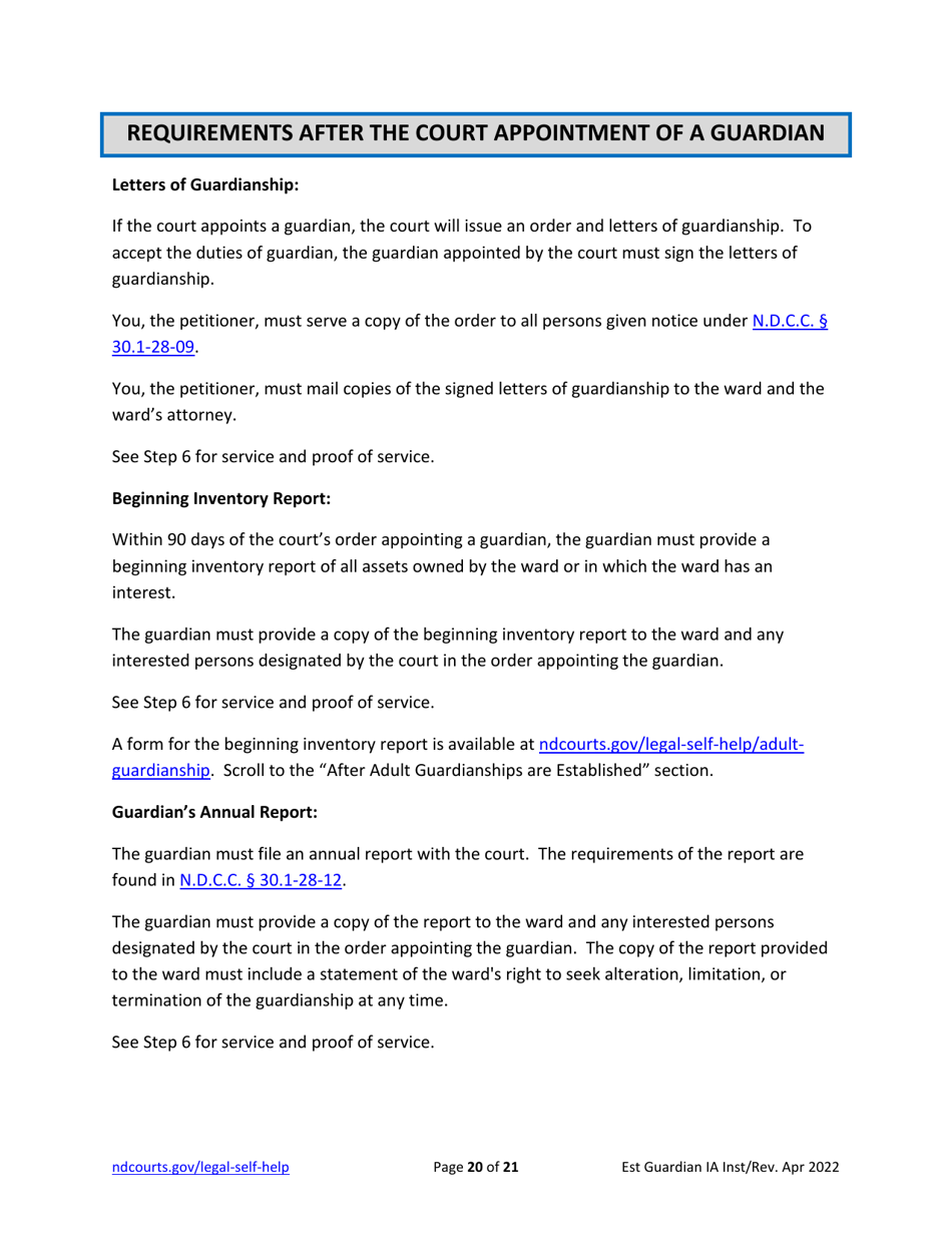 Instructions for Establishing an Adult Guardianship - North Dakota, Page 20
