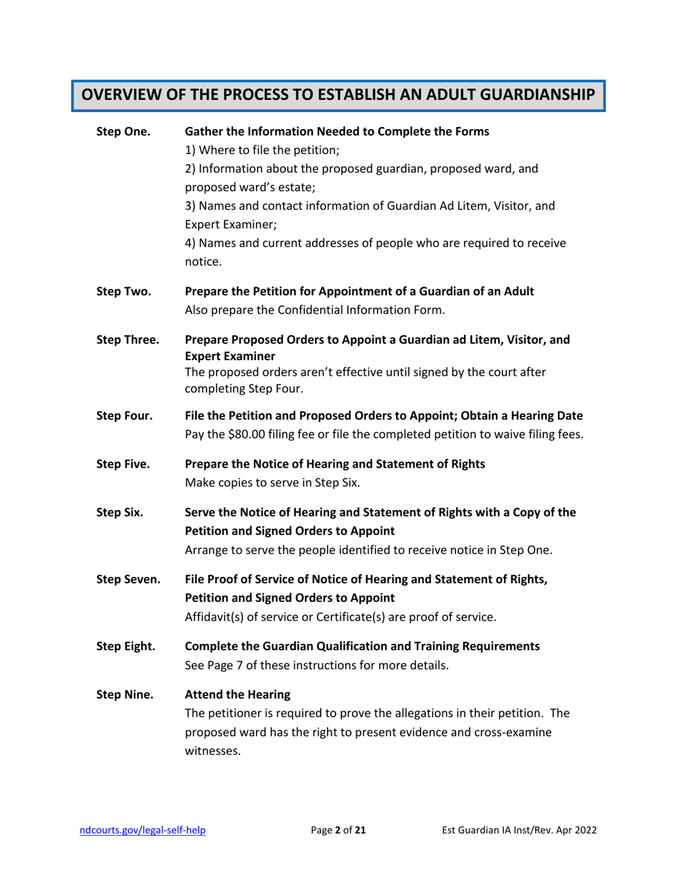 Instructions for Establishing an Adult Guardianship - North Dakota, Page 2