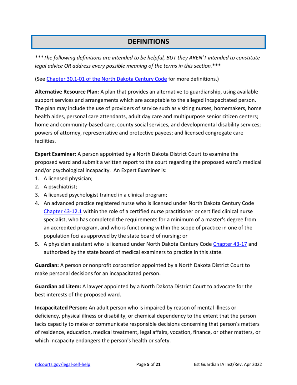 Instructions for Establishing an Adult Guardianship - North Dakota, Page 5
