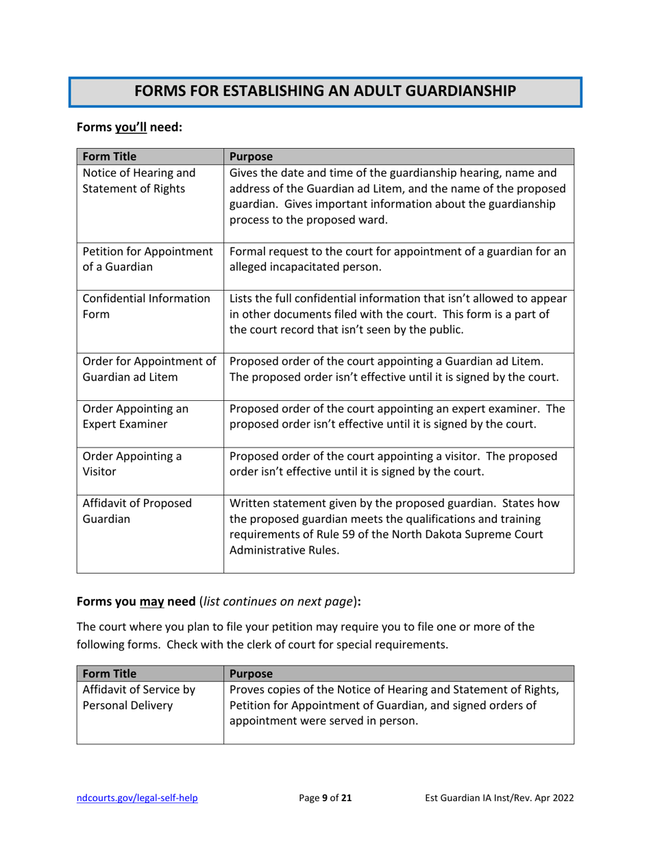 Instructions for Establishing an Adult Guardianship - North Dakota, Page 9