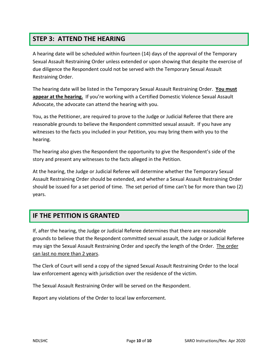 Instructions for Requesting a Sexual Assault Restraining Order - North Dakota, Page 10