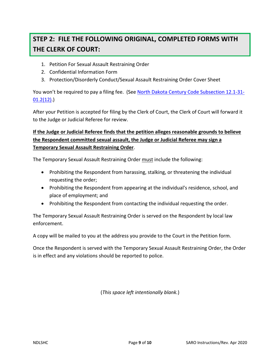 Instructions for Requesting a Sexual Assault Restraining Order - North Dakota, Page 9