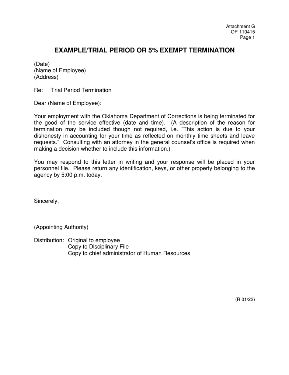 Form OP-110415 Attachment G Example / Trial Period or 5% Exempt Termination - Oklahoma, Page 1