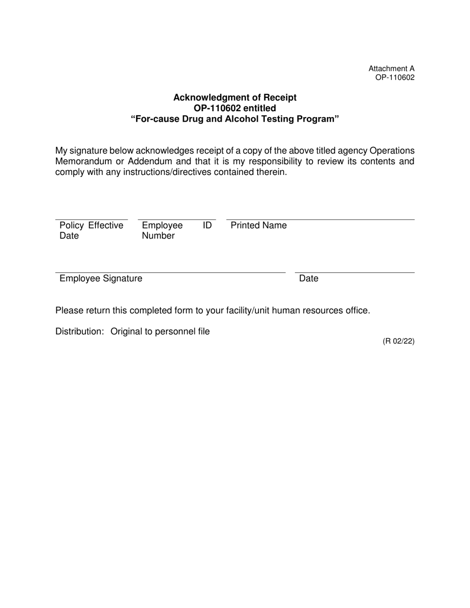 Form OP-110602 Attachment A Acknowledgment of Receipt - for-Cause Drug and Alcohol Testing Program - Oklahoma, Page 1
