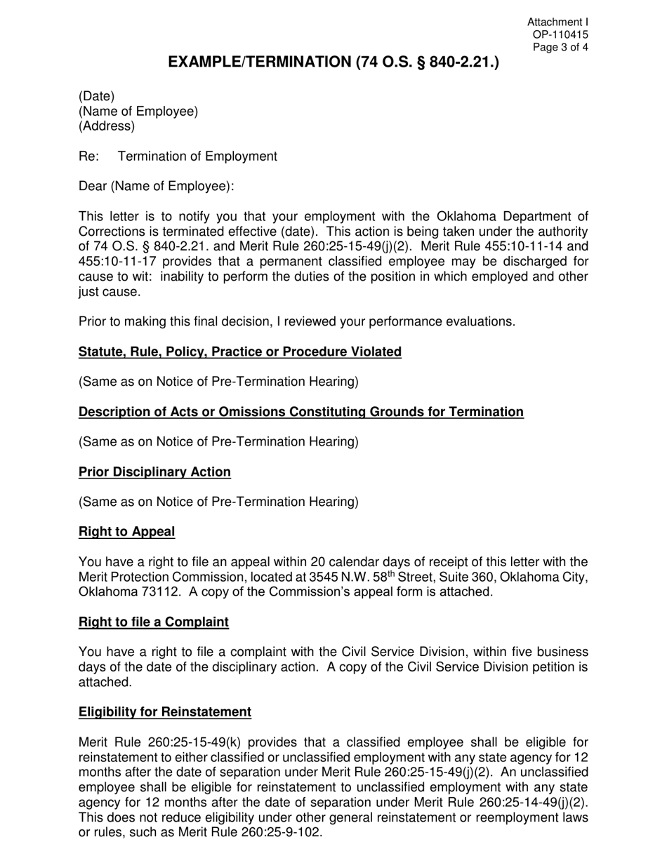 Form OP-110415 Attachment I Example / Notice of Pre-termination Hearing and Termination - Oklahoma, Page 3