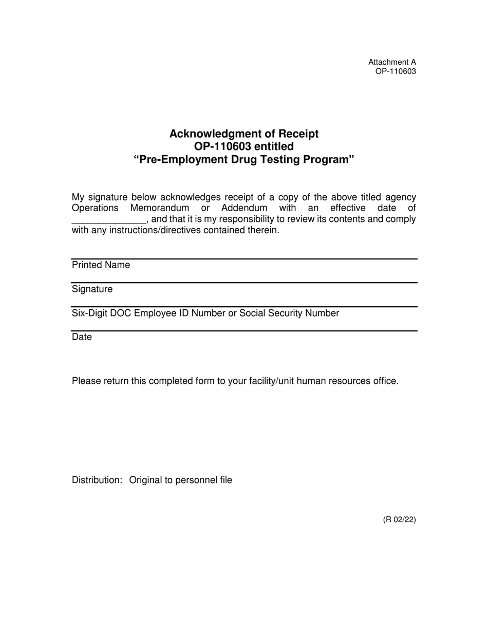 Form OP-110603 Attachment A Acknowledgment of Receipt - Pre-employment Drug Testing Program - Oklahoma, Page 1