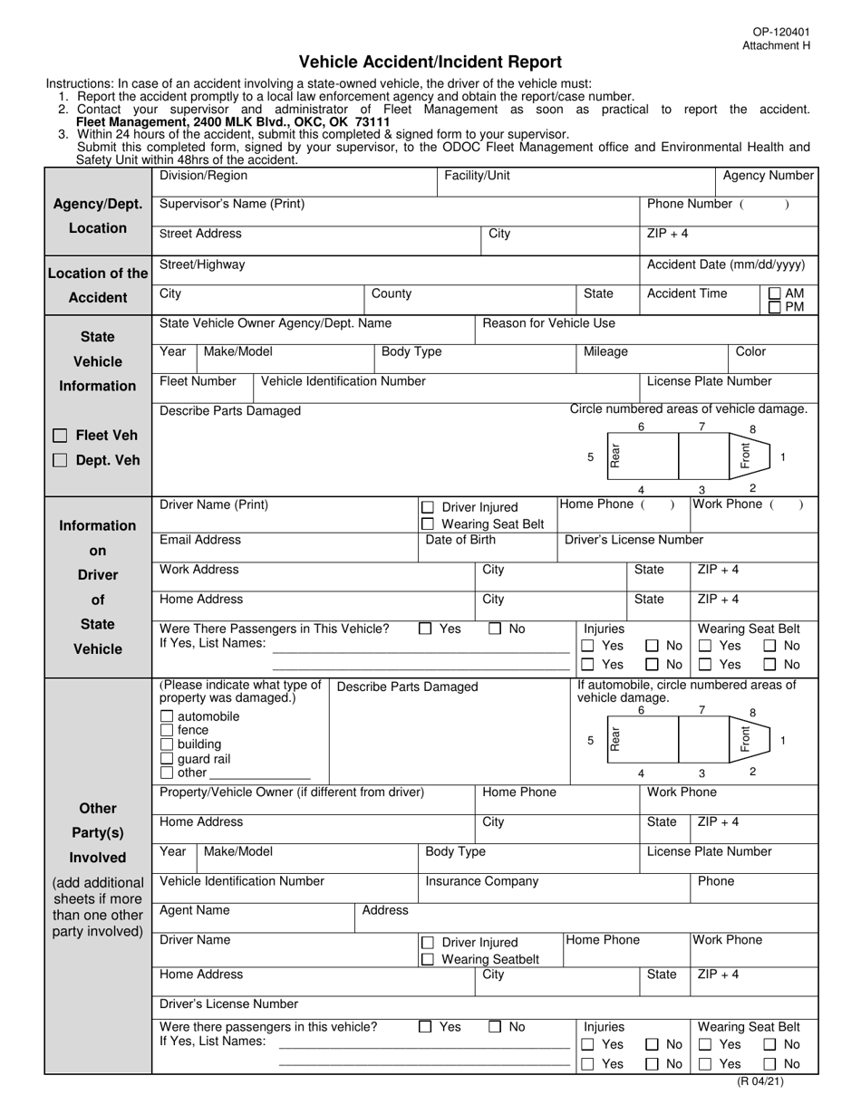 Form OP-120401 Attachment H Vehicle Accident / Incident Report - Oklahoma, Page 1