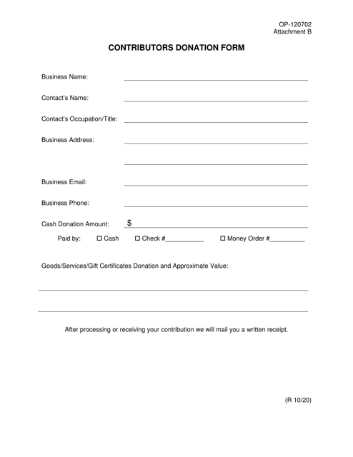 Form OP-120702 Attachment B Contributors Donation Form - Oklahoma