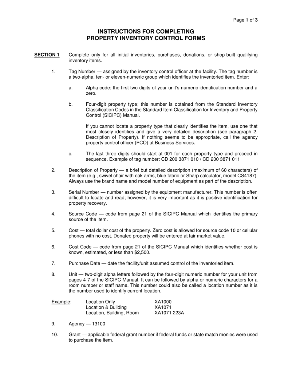 Instructions for Form OP-120801A Property Inventory Control - Oklahoma, Page 1