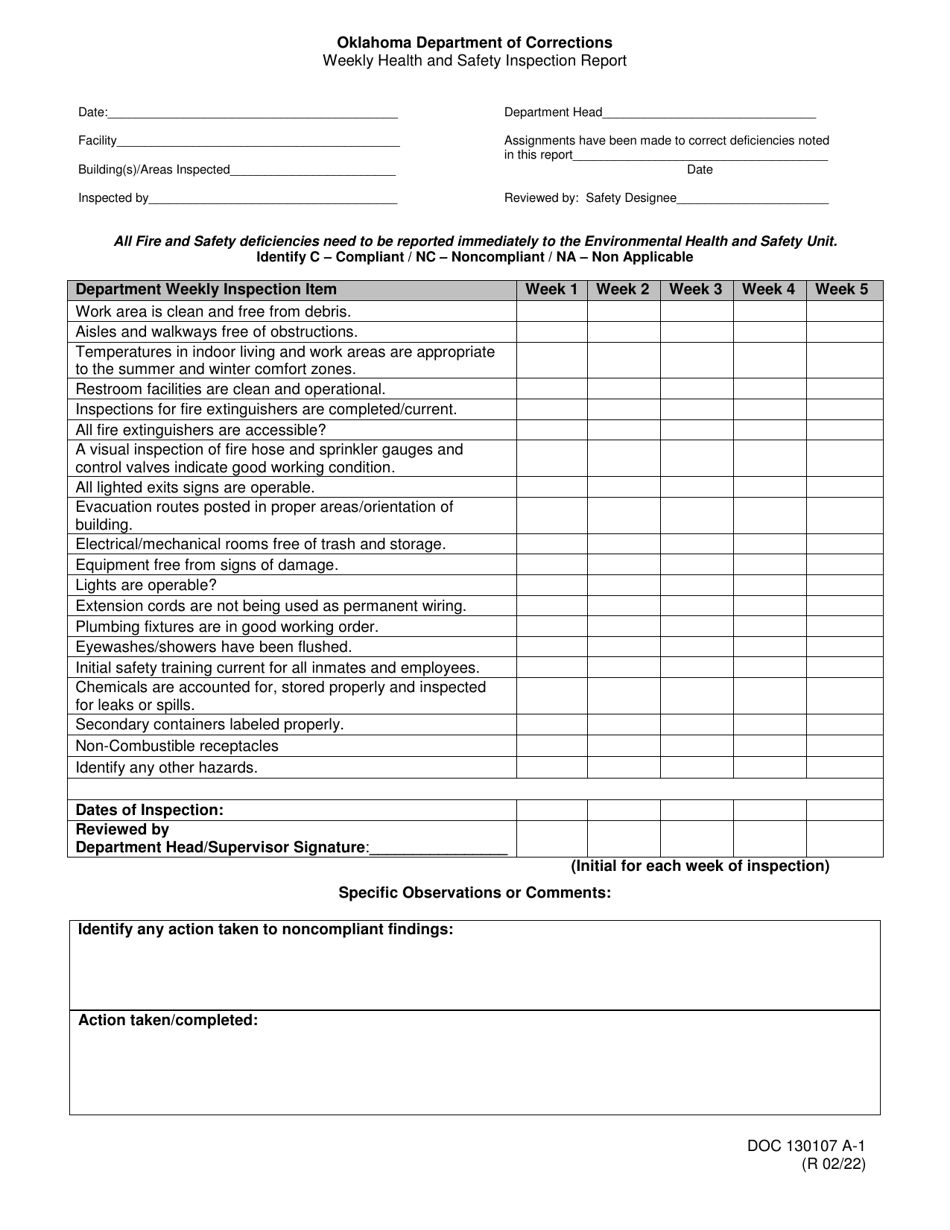 Form OP-130107 A-1 Weekly Health and Safety Inspection Report - Oklahoma, Page 1
