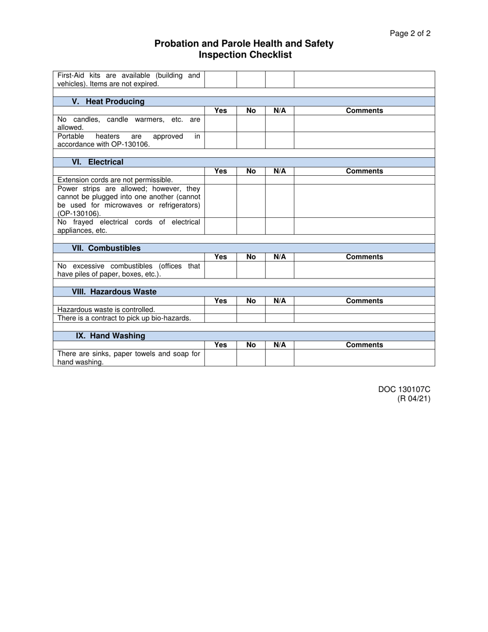Form OP-130107C Probation and Parole Health and Safety Inspection Checklist - Oklahoma, Page 2