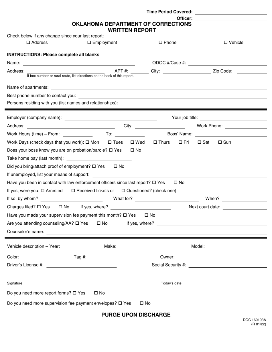 Form OP-160103A Written Report - Oklahoma, Page 1