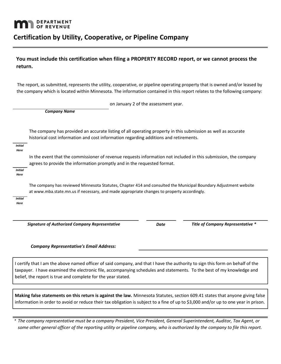 Certification by Utility, Cooperative, or Pipeline Company - Minnesota, Page 1