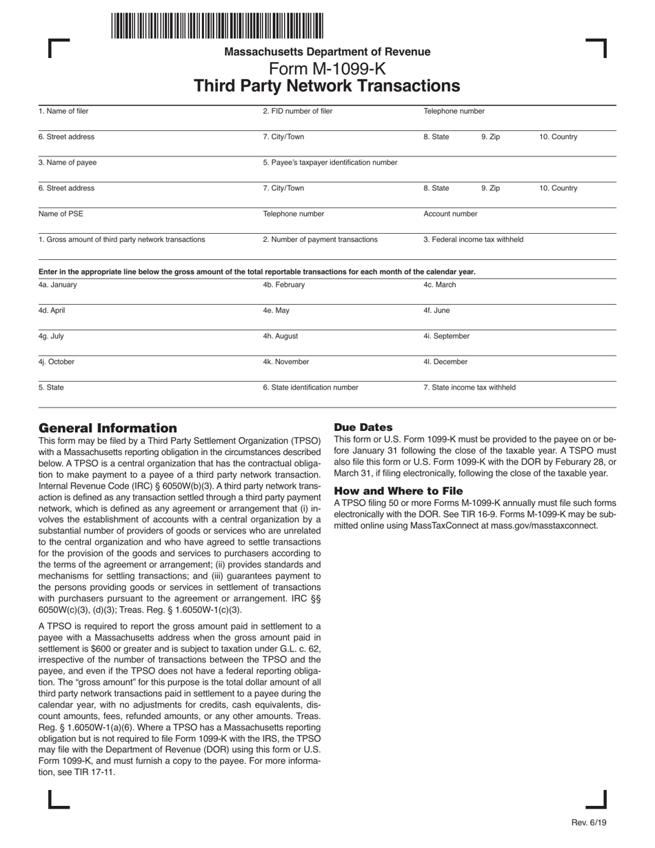 Form M-1099-K Third Party Network Transactions - Massachusetts, Page 1