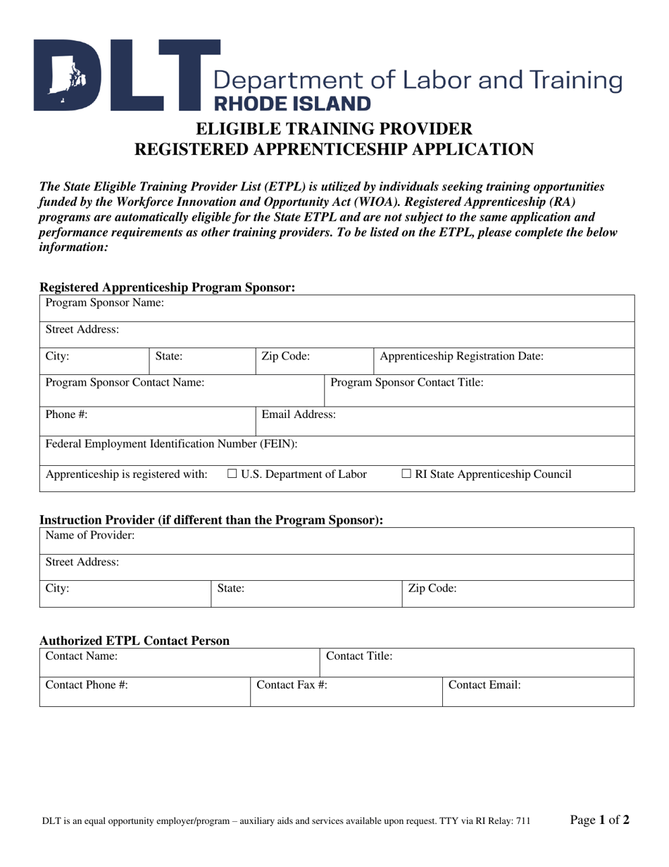 Eligible Training Provider Registered Apprenticeship Application - Rhode Island, Page 1