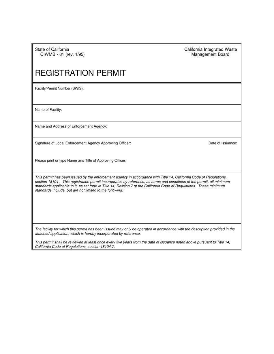 Form CIWMB81 Registration Permit - California, Page 1