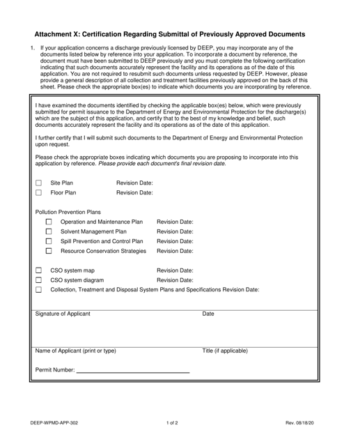 Form DEEP-WPMD-APP-302 Attachment X Certification Regarding Submittal of Previously Approved Documents - Connecticut