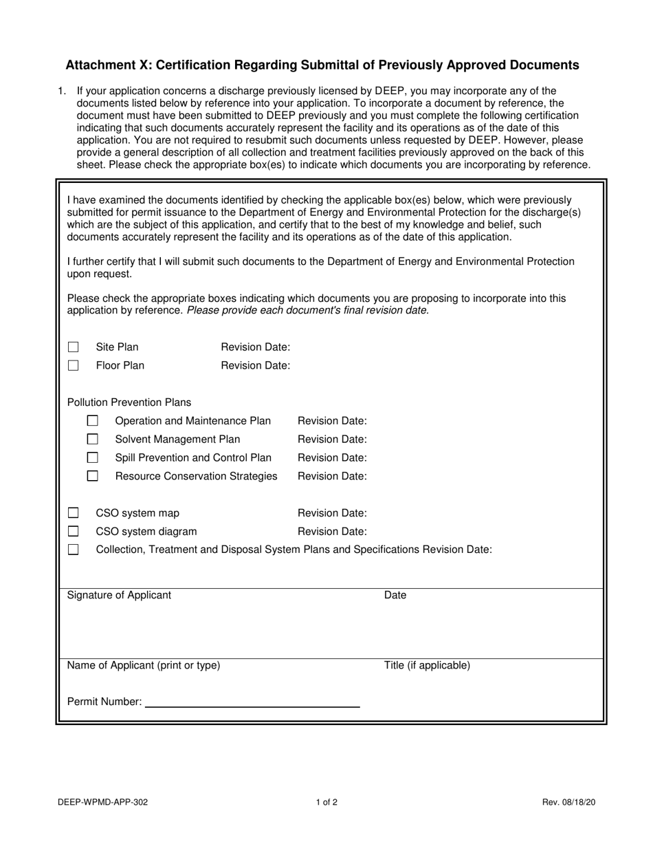 Form DEEP-WPMD-APP-302 Attachment X Certification Regarding Submittal of Previously Approved Documents - Connecticut, Page 1