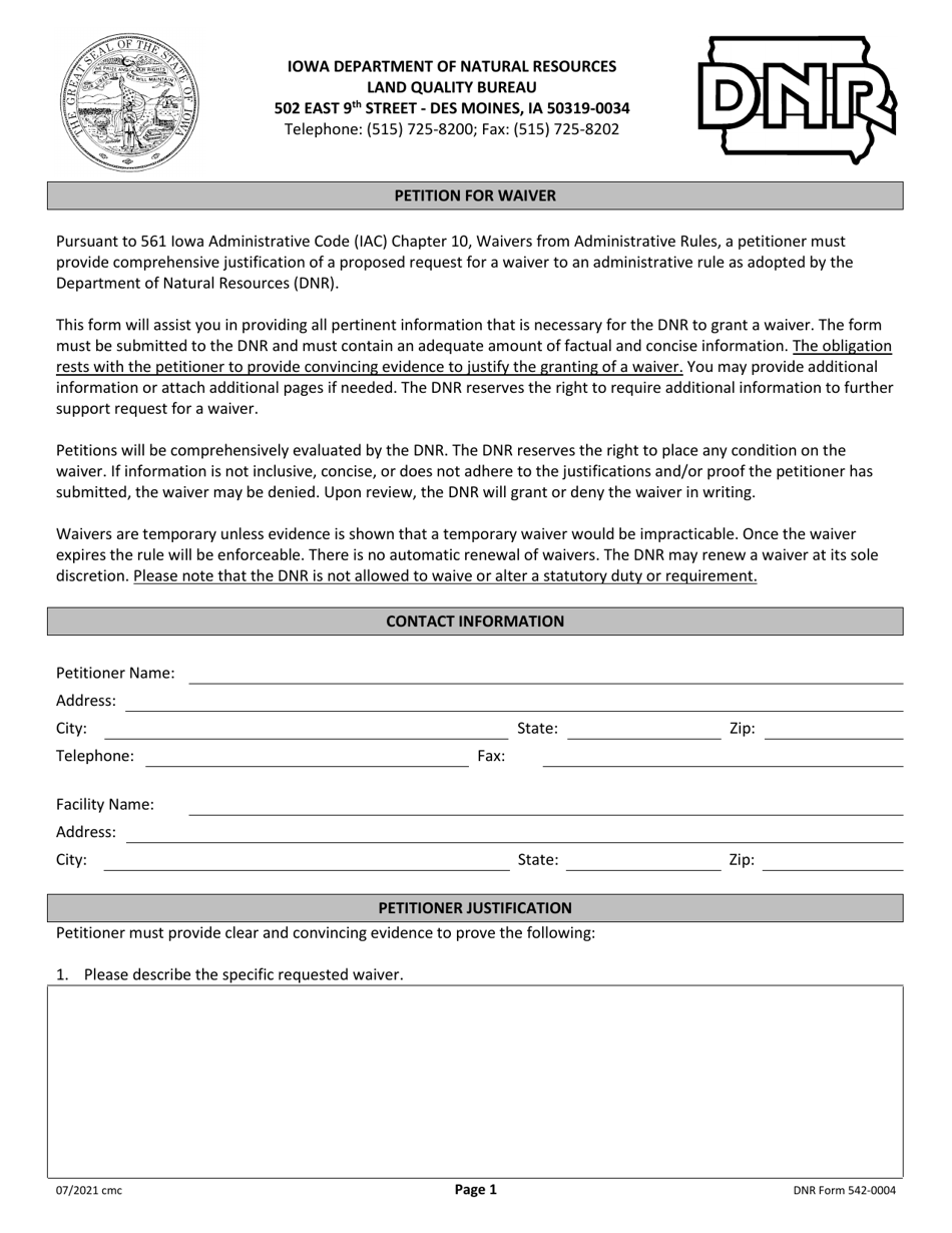 DNR Form 542-0004 Petition for Waiver - Iowa, Page 1