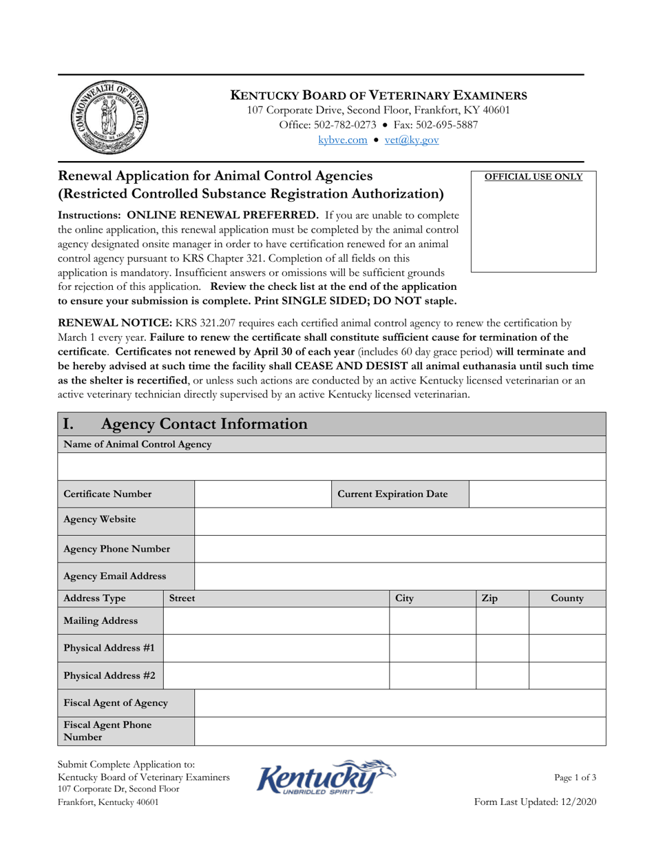 Renewal Application for Animal Control Agencies (Restricted Controlled Substance Registration Authorization) - Kentucky, Page 1