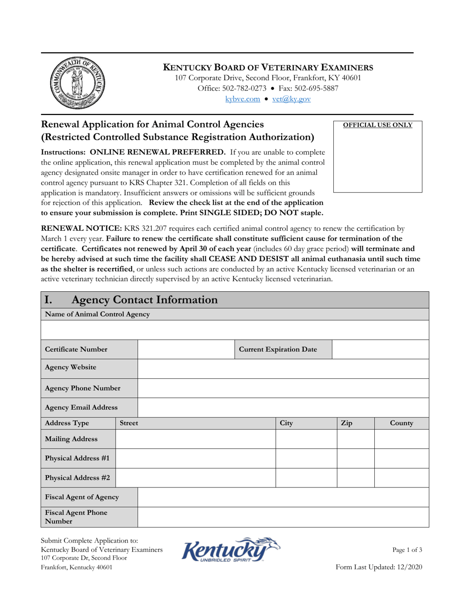 Kentucky Renewal Application for Animal Control Agencies (Restricted