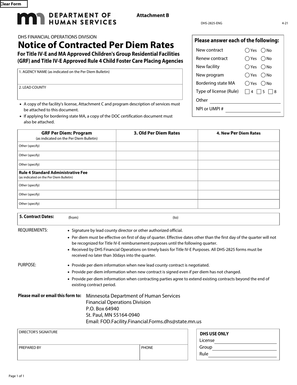 Form DHS-2825-ENG Attachment B Notice of Contracted Per Diem Rates - Minnesota, Page 1