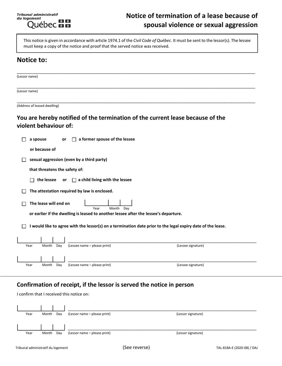 Form TAL-818A-E Notice of Termination of a Lease Because of Spousal Violence or Sexual Aggression - Quebec, Canada, Page 1