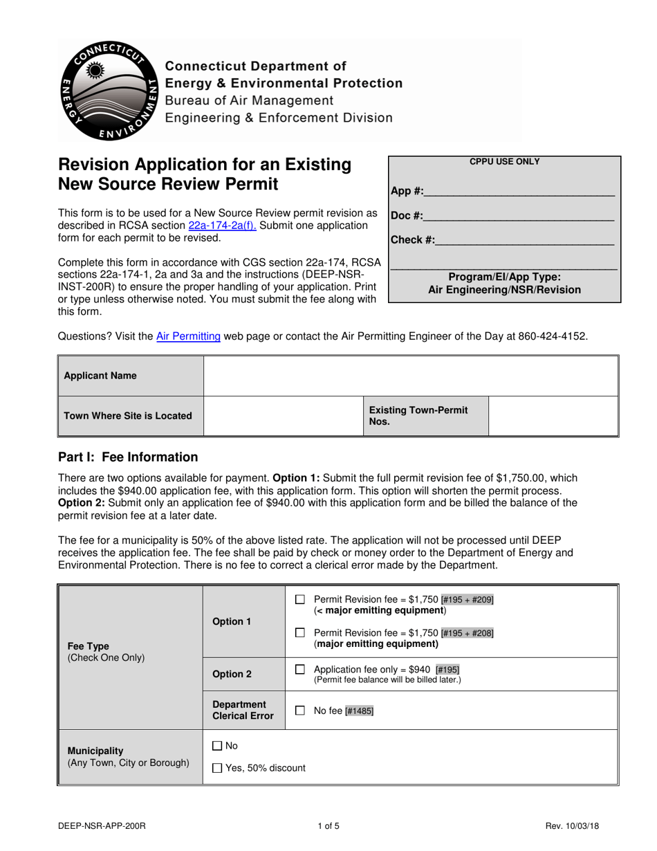 Form DEEP-NSR-APP-200R Revision Application for an Existing New Source Review Permit - Connecticut, Page 1