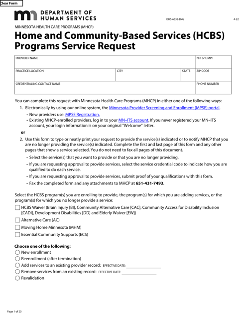 Form DHS-6638-ENG Home and Community-Based Services (Hcbs) Programs Service Request - Minnesota